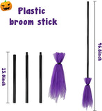Haooryx 5Pcs Halloween Witch Costume Accessory Set, Purple Flying Broom Plastic Broomstick Witch Hat Spider Web Long Gloves Purple and Black Striped Tights for Halloween Cosplay Party Decoration