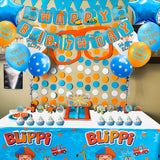 Haooryx 32Pcs Blippi Birthday Party Decorations Supplies Kit for Kids-12" Latex Balloons Star Aluminum Foil Balloons, Happy Birthday Banner, Blippi Cake Toppers and Table cover for Blippi Theme Party