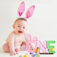 Haooryx Easter Bunny One Wooden Table Centerpiece, Some Bunny is One Letter Sign Table Decoration for Girls Pink Bunny First Birthday Easter Day Party Decor Supplies Spring Holiday Rabbit Photo Prop