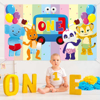 HAOORYX Word Party Inspired 1st Birthday Photo Backdrop, Cartoon Adorable Animal Photography Background for Baby Shower Toddler First Birthday Party Decorations Photoshoot Banner (6×3.6 ft)