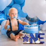 Haooryx Twinkle Twinkle Little Star ONE Letter Sign Wooden Centerpiece Table Decoration, Glitter Blue Star Wood Table Topper Sign for Baby Boy 1st First Birthday Party Supplies Baby Shower Decor