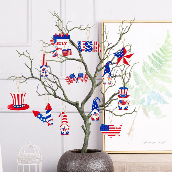 Haooryx 37Pcs Patriotic Wood Gnome Ornament Set, 4th of July Independence Day Hanging Wooden Pendants Red White Blue Gnome Elves Pendant Slices Tags Hanging Decoration for Independence Day Home Decor