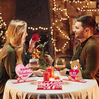 Haooryx 4Pcs Valentine Wooden Centerpiece Table Decorations, Be Mine Wood Letter Sign Love Happy Valentine's Day Table Topper Wood Craft Centerpiece for Wedding Anniversary Party Dining Table Decor