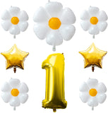 Haooryx 8Pcs Giant Daisy Balloons Decoration, White Yellow Flower and Gold One Foil Balloon for One-Year-Old Kids First Birthday Baby Shower Weeding Anniversary Celebration Hippie Theme Party Supplies