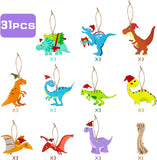 Haooryx 31Pcs Christmas Dinosaur Wooden Hanging Ornaments Xmas Tree Topper Wood Dinosaur Ornaments Dinosaur Decorative Wood Slice Pendant for Christmas Party Favor Gift Tag Holiday Home Decor Supplies