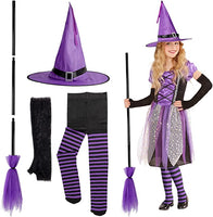 Haooryx 5Pcs Halloween Witch Costume Accessory Set, Purple Flying Broom Plastic Broomstick Witch Hat Spider Web Long Gloves Purple and Black Striped Tights for Halloween Cosplay Party Decoration