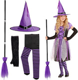 Haooryx 5Pcs Halloween Witch Costume Accessory Set, Purple Flying Broom Plastic Broomstick Witch Hat Spider Web Long Gloves Purple and Black Striped Tights for Halloween Cosplay Party Decoration