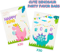 Haooryx 60Pcs Dinosaur Party Favor Bags, Happy Dino Party Plastic Gift Bags Candy Treat Bags Roar Goodie Gift Bag for Boys Girls Dinosaur Birthday Baby Shower T-Rex Roar Party Favor (2 designs)