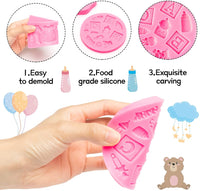 Haooryx 4Pcs Bear Pink Fondant Silicone Molds Teddy Bear Bowknot Feeding Bottle Candy Chocolate Cupcake Mold Baking Tool for Baby Shower Birthday Cupcake Cake Decorations