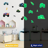 Haooryx 94Pcs Monster Truck Wall Sticker Glow in The Dark Glowing Decals for Party Decoration Supplies, Luminous Monster Jam Vehicle Car Stickers Decal for Kids Bedroom Playroom Nursery Wall Art Decor