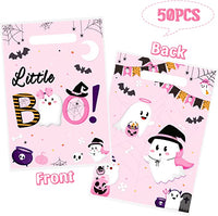 Haooryx 50Pcs Little Boo Party Favor Bags, Pink Little Boo Theme Plastic Candy Gift Bag Birthday Gift Warp Goodie Treat Bags for Halloween Party Kids Theme Birthday Baby Shower Party Favors Supplies