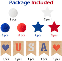 Haooryx 2Pcs Patriotic Burlap Flag Felt Ball Garland Kit, Red White Blue USA Hanging Banner Pom Pom Pentagram Garlands Decorations for 4th of July Independence Day Party Home Room Wall Decor Supplies