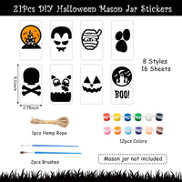 Haooryx 21Pcs DIY Halloween Mason Jar Sticker Set, DIY Your Own Mason Jar Art Craft Kit Sticker Pigment Paintbrush Hemp Rope for Halloween Party Home Decorations Classroom DIY Art Project Kids Gift