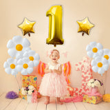 Haooryx 8Pcs Giant Daisy Balloons Decoration, White Yellow Flower and Gold One Foil Balloon for One-Year-Old Kids First Birthday Baby Shower Weeding Anniversary Celebration Hippie Theme Party Supplies