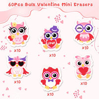 Haooryx 60Pcs Valentine Owl Mini Eraser for Kids Bulk Novelty Owl Pencil Eraser 3D Desk Puzzle Erasers Pet for Student Homework Reward Classroom Prizes Valentine's Day Party Favor Gift Filler Supplies