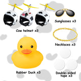 Haooryx 3 Pack Cow Print Rubber Duck Toys Car Ornaments, Farm Animal Theme Yellow Ducks Car Dashboard Decorations Black White Cow Print Helmet Duck with Propeller Squeak Toys Gift for Kids Adult