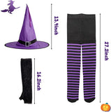 Haooryx 5Pcs Halloween Witch Costume Accessory Set, Purple Flying Broom Plastic Broomstick Witch Hat Spider Web Long Gloves Purple and Black Striped Tights for Halloween Cosplay Party Decoration