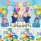 Haooryx 48Pcs Word Party Birthday Party Decorations Supplies- Happy Birthday Banner, 12" Latex Balloons, Word Party Cake Topper Cupcake Toppers, Table cover for Baby Shower Theme Birthday Party Favor