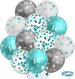 Haooryx 36Pcs 16th Birthday Party Balloons Decoration Supplies Kit, Teal Turquoise White and Sliver Confetti Latex Balloons for 16-Year-Old Teenager Boy Girl Birthday Happy 16 Years Anniversary Decor