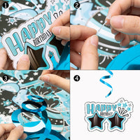 Haooryx 42Pcs Teal Birthday Party Decoration Kit, Teal Silver Black and Blue Happy Birthday Banner Hanging Swirls Cake Topper Table Centerpiece Stick for Boys Girls Adult Birthday Party Decor Supplies