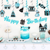 Haooryx 42Pcs Teal Birthday Party Decoration Kit, Teal Silver Black and Blue Happy Birthday Banner Hanging Swirls Cake Topper Table Centerpiece Stick for Boys Girls Adult Birthday Party Decor Supplies