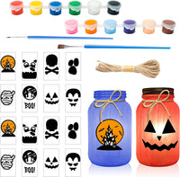 Haooryx 21Pcs DIY Halloween Mason Jar Sticker Set, DIY Your Own Mason Jar Art Craft Kit Sticker Pigment Paintbrush Hemp Rope for Halloween Party Home Decorations Classroom DIY Art Project Kids Gift