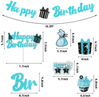 Haooryx 42Pcs Teal Birthday Party Decoration Kit, Teal Silver Black and Blue Happy Birthday Banner Hanging Swirls Cake Topper Table Centerpiece Stick for Boys Girls Adult Birthday Party Decor Supplies