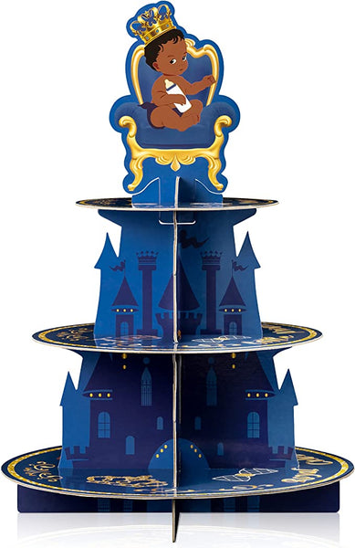 Haooryx Royal Prince Cupcake Stand Decorations 3 Tier African American Little Prince Cupcake Tower Cardboard Black Boys Crown Castle Dessert Holder for Boy Birthday Party Baby Shower Supplies