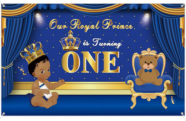 Haooryx Royal Prince One First Birthday Banner Backdrop Party Decorations for One Year Old African American Baby Boy 1st Birthday Baby Shower Decor Photography Background Photo Booth Prop, 6x3.6 ft