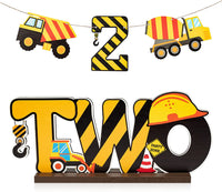 Haooryx Construction Truck Two Letter Sign Wooden Table Centerpiece Happy Birthday Banner for Two Years Old Baby 2nd Birthday Party Decorations Construction Theme Party Supplies Decor Photo Props