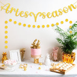 Haooryx 2PCS Aries Season Banner Gold Glitter Circle Dot Hanging Letter Garland Banners March April Zodiac Birthday Horoscope Astrology Bday Party Decorations Indoor Outdoor Wall Photo Props Supply