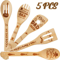 Haooryx 5pcs Father Bamboo Spoons Utensils Set, Best Dad Ever Kitchen Burned Bamboo Cookware Gadget Kit Cooking Non-stick Utensils Father's Birthday Christmas New Year Gift Idea from Son and Daughter