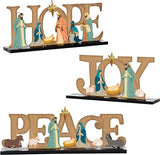 Haooryx 3Pcs Christmas Farmhouse Birth of Jesus Wooden Centerpiece Table Decorations Peace Hope Joy Wood Letter Sign Detachable Wooden Table Topper for Christmas Party Holiday Home Decor Supplies