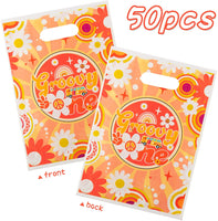 Haooryx 50Pcs One Groovy Hippie Party Favor Bags Retro Boho Plastic Goodie Gift Bag Rainbow Pink Orange Candy Treat Goody Bags for Baby Shower Girl First Birthday Bohemian Daisy Party Supply Decor