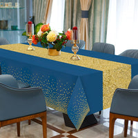 Haooryx 2Pcs Navy Blue and Gold Table Cloth Table Runner Set, Rectangle Dot Table Cover Waterproof Tablecloth Confetti Gold Table Runner for Birthday Wedding Anniversary Baby Shower Party Supplies