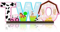 Haooryx Pink Farm Animals TWO Letter Sign Wooden Table Centerpiece, 2nd Farm Barnyard Birthday Party Sign Two Years Old Baby Girls Theme Birthday Party Decorations Baby Shower Photo Props Centerpiece