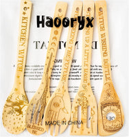 Haooryx 5PCS Halloween Wooden Bamboo Spoons Set Witch Magic Wood Burned Spatulas with 3D Embossing Bamboo Spatulas Cooking Spoon for Halloween Party House Kitchen Gadgets Women Warming Gifts Supplies