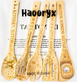 Haooryx 5PCS Halloween Wooden Bamboo Spoons Set Witch Magic Wood Burned Spatulas with 3D Embossing Bamboo Spatulas Cooking Spoon for Halloween Party House Kitchen Gadgets Women Warming Gifts Supplies