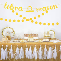 Haooryx 2PCS Libra Season Banner Gold Glitter Circle Dot Zodiac Birthday Hanging Banner September October Women Man Birthday Horoscope Astrology Party Decorations Indoor Home Wall Photo Props Supplies