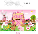 Haooryx Farm Animals ONE First Birthday Backdrop Banner, Pink Barnyard Animal Photography Background Barn Party Decoration Supplies for One Year Old Baby Girls 1st Birthday Baby Shower, 5.9x3.6 ft