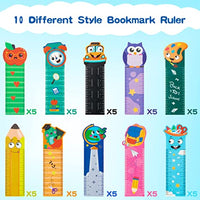 Haooryx 50Pcs Back to School Bookmark Rulers,10 Styles Campus Theme Measuring Ruler Bookmark Double-Side Printing Plastic Book Markers for Kids Birthday Gift Classroom Student Reward Gift Bag Filler