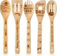 Haooryx 5pcs Father Bamboo Spoons Utensils Set, Best Dad Ever Kitchen Burned Bamboo Cookware Gadget Kit Cooking Non-stick Utensils Father's Birthday Christmas New Year Gift Idea from Son and Daughter