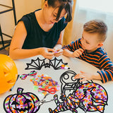 Haooryx 9Pcs Halloween Tissue Paper Suncatcher for Kids Pre-Cut Pumpkin Spider Web Witch Hat Cards DIY Window Art Crafts Stained Glass Effect Paper Sun Catcher for Halloween Party Game Favor