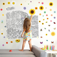 Haooryx 218 Pcs Sunflower Wall Decals Yellow Daisy Butterfly Stickers Self-Adhesive Waterproof Floral Stickers Decal Spring Summer Flowers Wall Art Decoration Party Room Bedroom Nursery Wall Decor