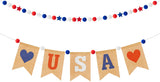 Haooryx 2Pcs Patriotic Burlap Flag Felt Ball Garland Kit, Red White Blue USA Hanging Banner Pom Pom Pentagram Garlands Decorations for 4th of July Independence Day Party Home Room Wall Decor Supplies