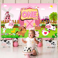 Haooryx Farm Animals ONE First Birthday Backdrop Banner, Pink Barnyard Animal Photography Background Barn Party Decoration Supplies for One Year Old Baby Girls 1st Birthday Baby Shower, 5.9x3.6 ft