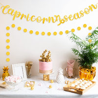 Haooryx 2PCS Capricorn Season Banner Gold Glitter Circle Dot Hanging Letter Banners December January Horoscope Astrology Bday Banner Party Decorations 18th Zodiac Birthday Wall Photo Props Supply