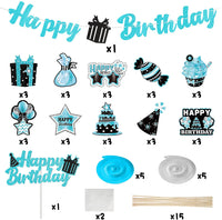 Haooryx 42Pcs Teal Birthday Party Decoration Kit, Teal Silver Black and Blue Happy Birthday Banner Hanging Swirls Cake Topper Table Centerpiece Stick for Boys Girls Adult Birthday Party Decor Supplies