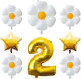 Haooryx 8Pcs Giant Daisy Balloons Decoration, White Yellow Flower, Gold 2 and Stars Foil Balloon for Second Birthday Two-Year-Old Kids Boy Girl 2nd Anniversary Celebration Hippie Theme Party Supplies