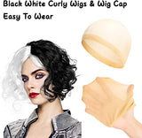Haooryx 9Pcs Black White Curly Wigs Halloween Costume Set, Short Wavy Wig with Cap Long Red Glove Lace Eye Mask Pearl Necklace Long C-Holder and Vintage Green Earrings for Girls Cosplay Party Supplies